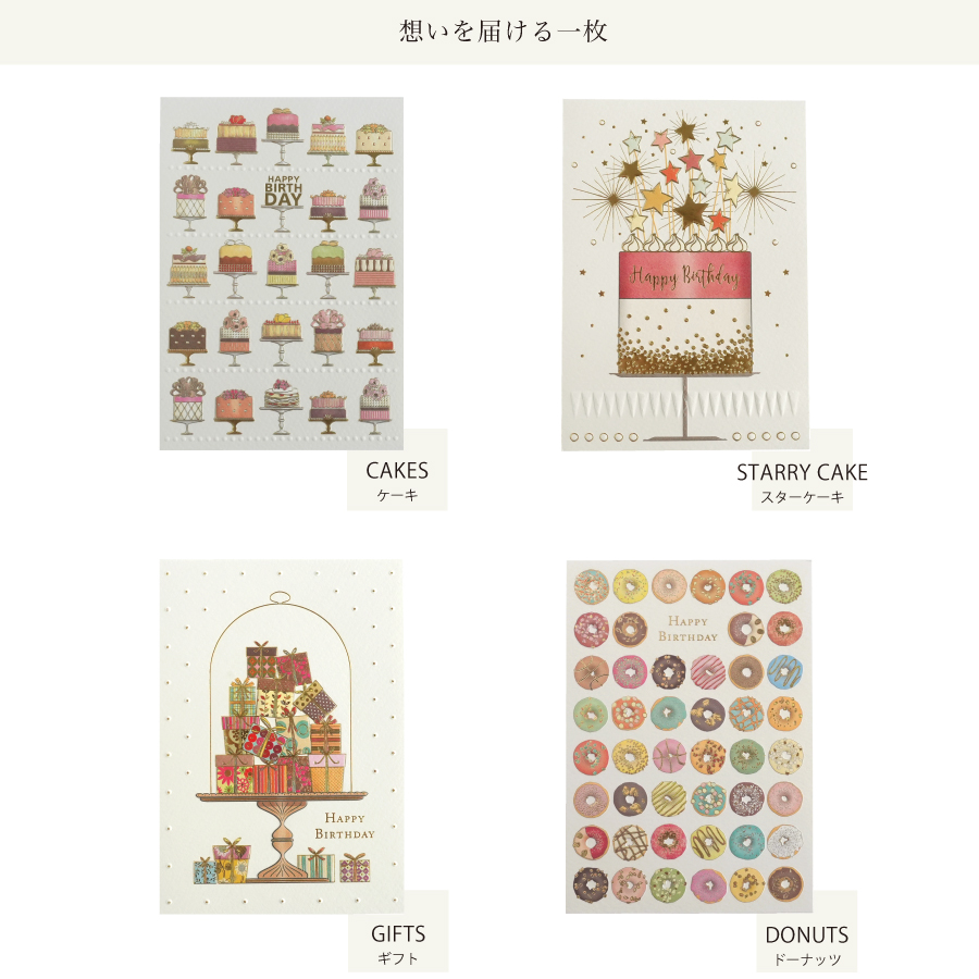 ドイツ　メッセージカード　手紙　箔押し　かわいい　誕生日　バースデー　バースデーケーキ　ドーナッツいっぱい　高台に乗ったケーキたち　カラフルなお菓子