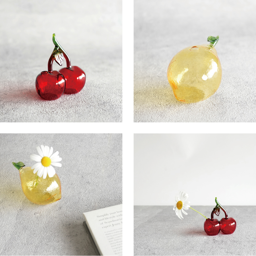 黄色のかわいいレモン　真っ赤なさくらんぼ　置いてあるだけでかわいいぇ文tおチェリーのガラスの花瓶