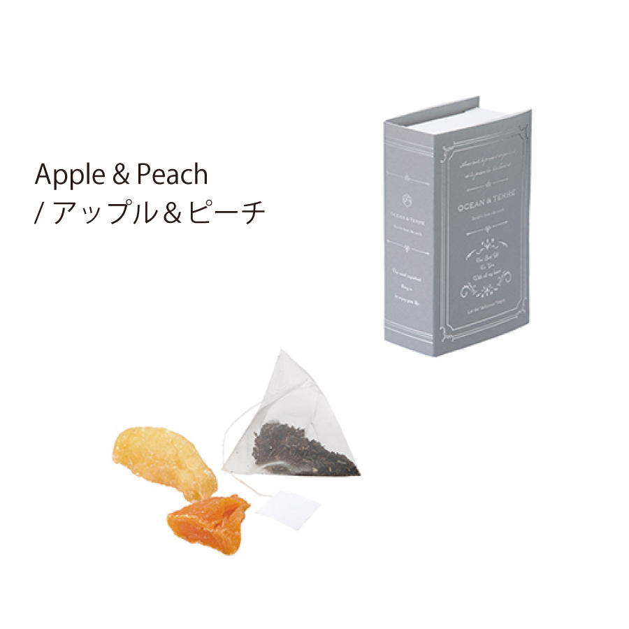 アップル＆ピーチ　ダージリンティーとしっしょに　フルーティーな紅茶　ほんのような形のパッケージ　シルバー